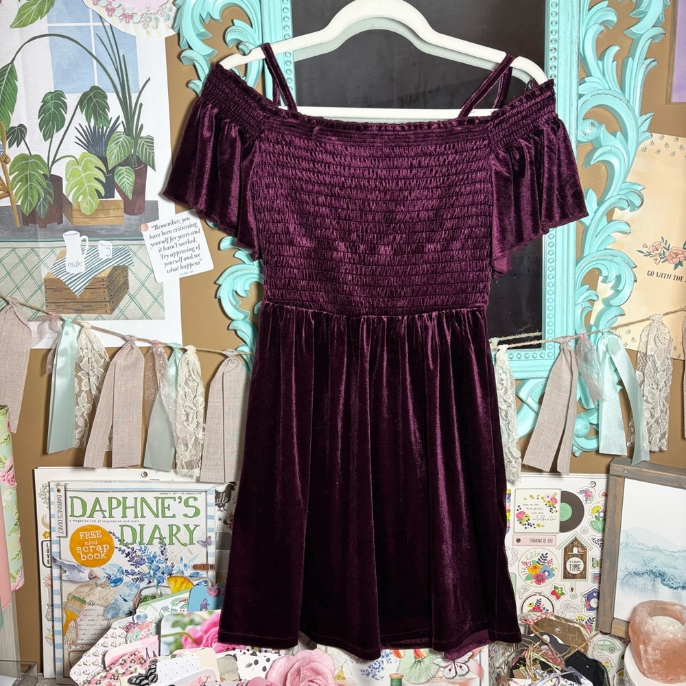 Aeropostale Velvet Mini Dress Smocked Off Shoulder Sz.S Aero Whimsigoth Holiday